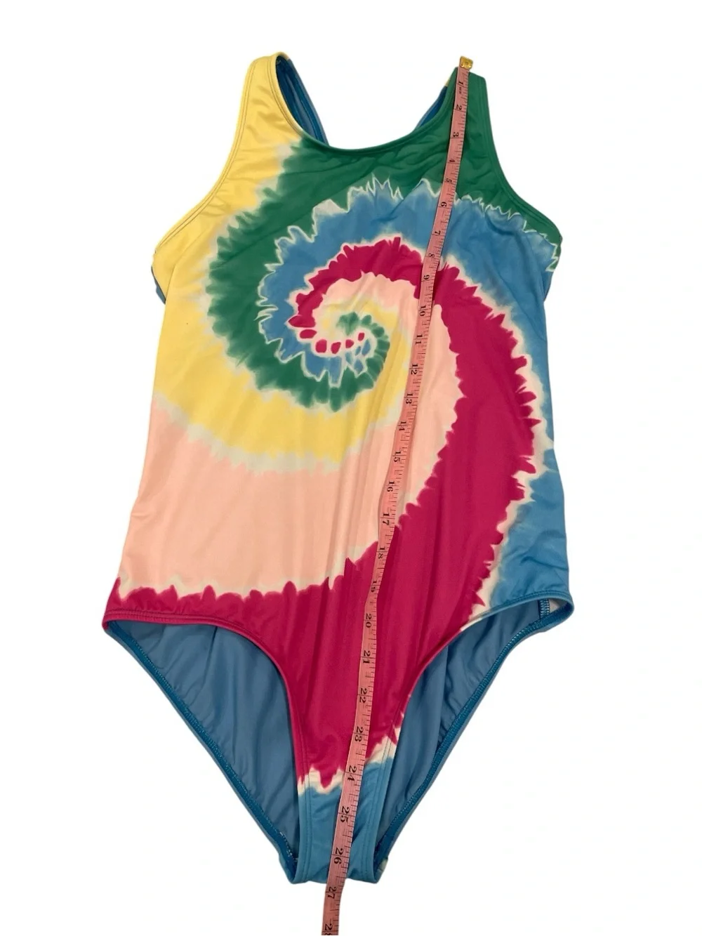 Lands' End Girls Size 16 One Piece Swimsuit Blue and Rainbow Tie Dye Colors